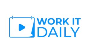 Work It Daily logo featuring a blue video play icon and calendar graphic